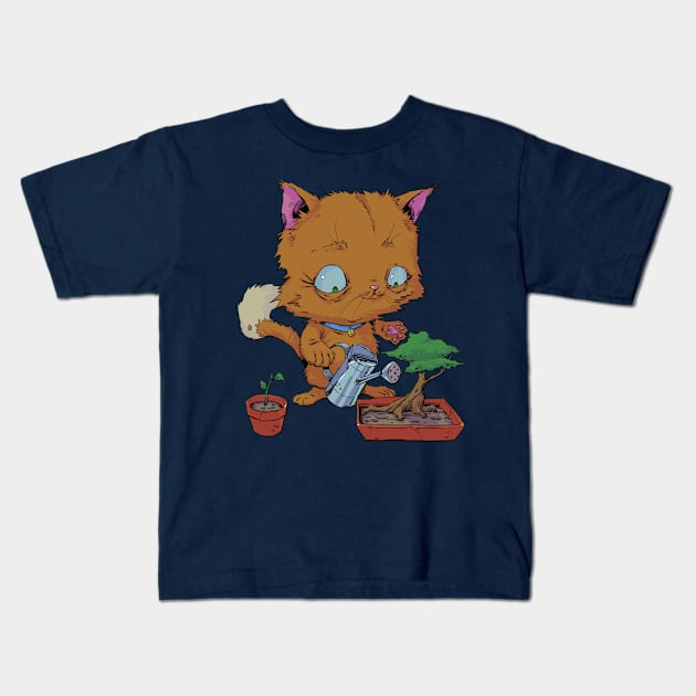 Orange Cat Watering a Bonsai Tree and Plants Kids T-Shirt by Hutchew